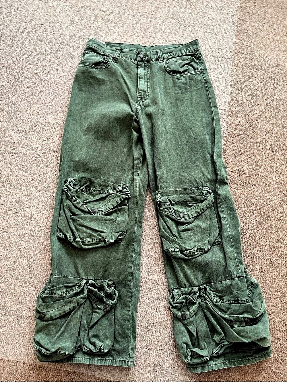 R13 Multi Pockets Utility Jean Wide Leg Cargo Pants Green Waist 28